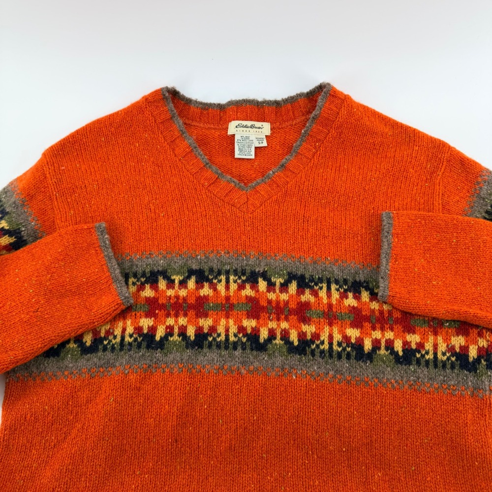 VTG 90s Eddie Bauer Wool Fair Isle V-Neck Sweater Southwestern Aztec Small